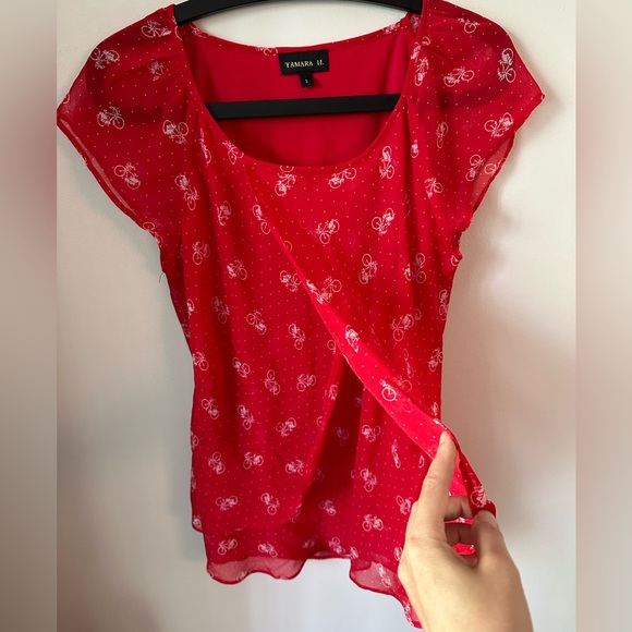 Red chiffon blouse with bicycle pattern - Picture 3 of 4